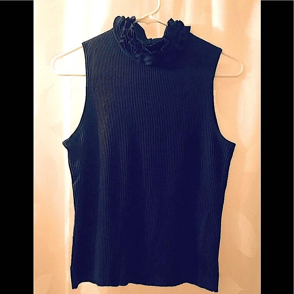 Philosophy, deep slate blue frilled turtleneck top. Elegant for work/evening. M